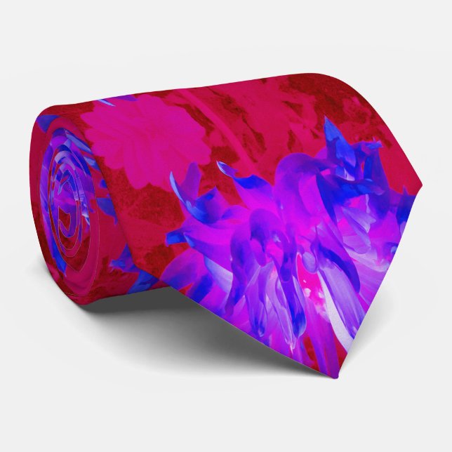 Stunning Violet Blue and Hot Pink Cactus Dahlia Neck Tie (Rolled)