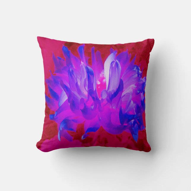 Stunning Violet Blue and Hot Pink Cactus Dahlia Throw Pillow (Front)