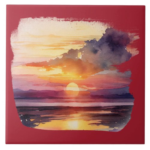 Stunning Watercolor Beach Sunset Ceramic Tile