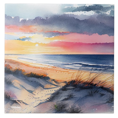 Stunning Watercolor Beach Sunset Ceramic Tile
