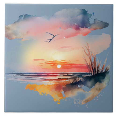 Stunning Watercolor Beach Sunset Ceramic Tile