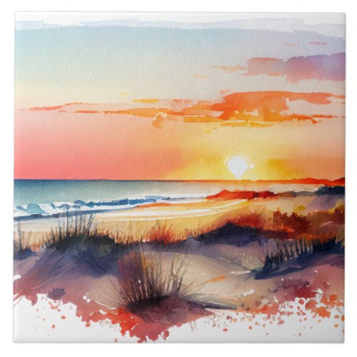 Stunning Watercolor Beach Sunset Ceramic Tile