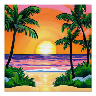 Stunning Watercolor Palm Trees Sunset  Poster