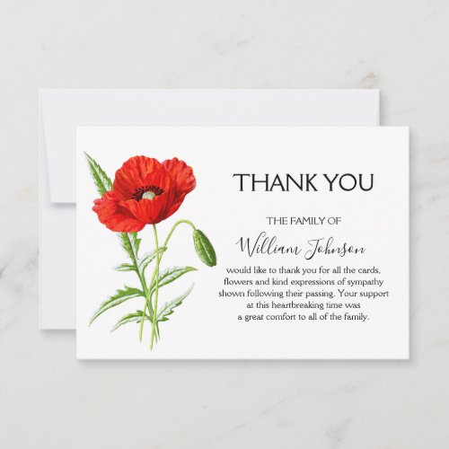 Stunning Watercolor Poppy Funeral Bereavement Thank You Card