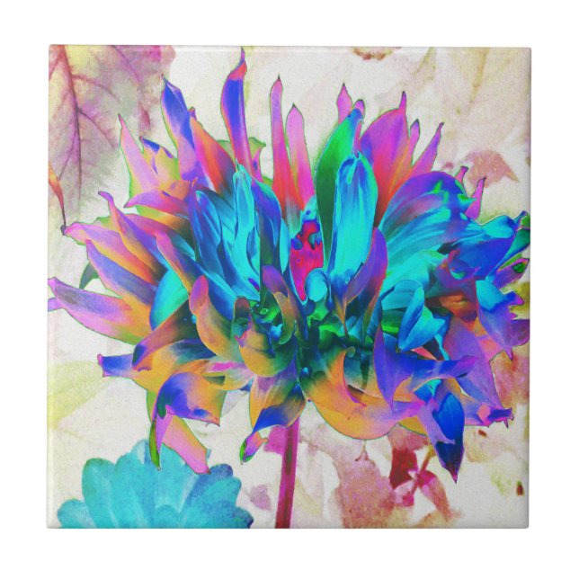 Stunning Watercolor Rainbow Cactus Dahlia Ceramic Tile (Front)