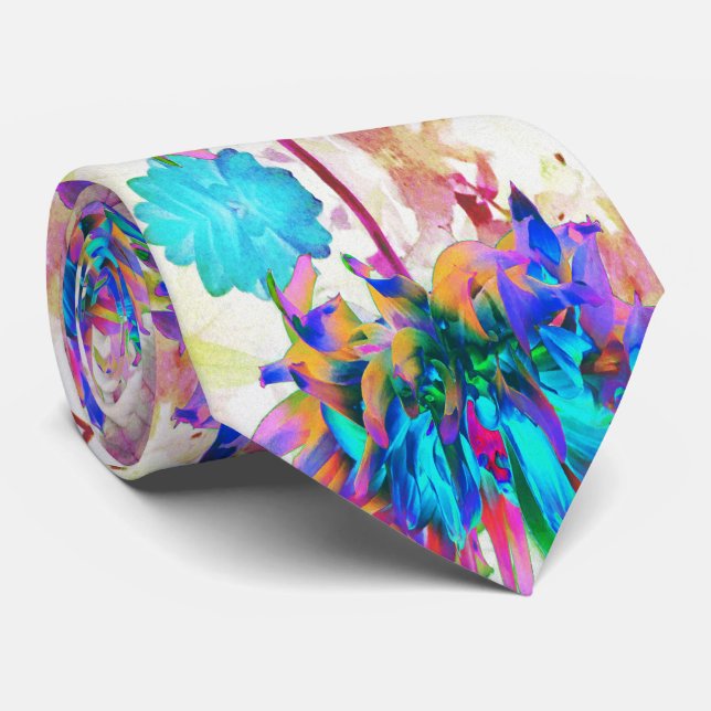 Stunning Watercolor Rainbow Cactus Dahlia Neck Tie (Rolled)