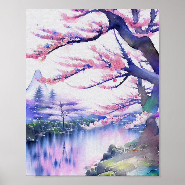 Stunning Watercolor Sakura Cherry Blossom Painting Poster (Front)