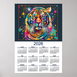 Stunning Watercolor Tiger 2026 Calendar  Poster