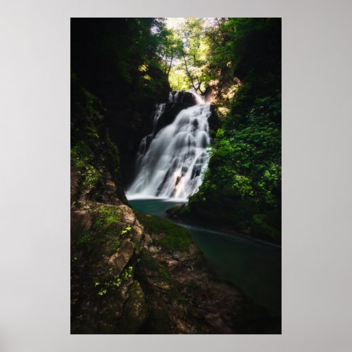 Stunning waterfall Šum in magical forest Poster