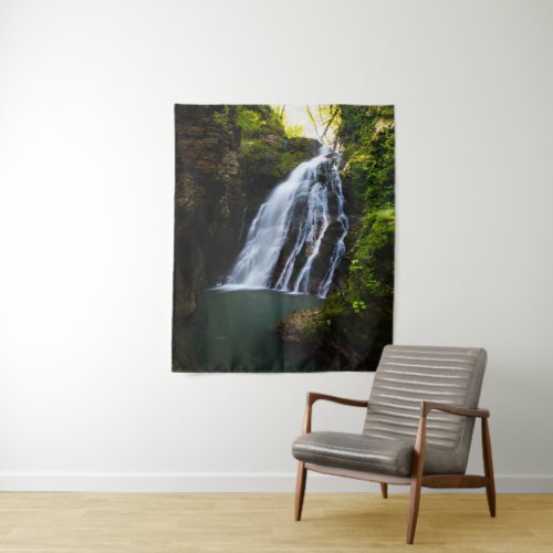 Stunning waterfall with sunlight glow tapestry