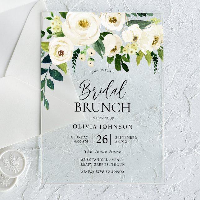 Stunning White Flowers Bridal Shower Brunch  Acrylic Invitations (Creator Uploaded)