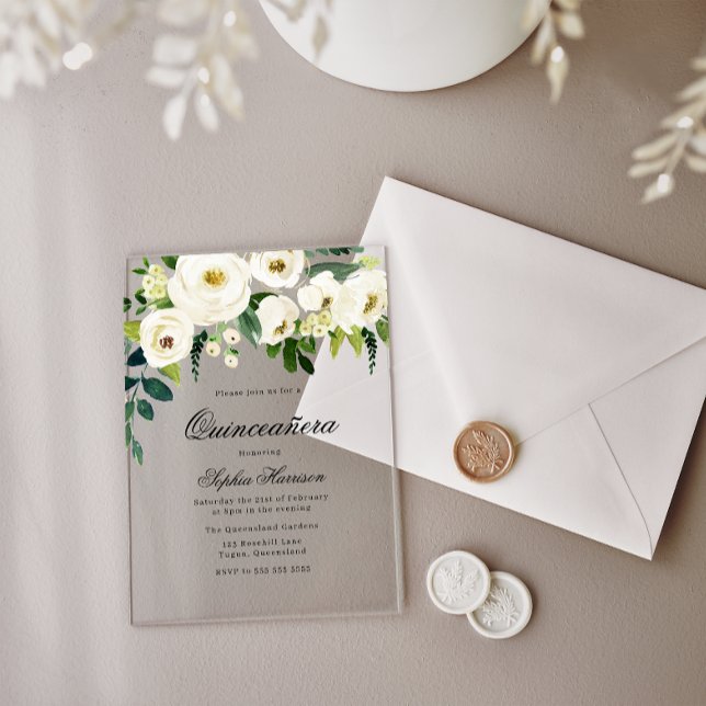 Stunning White Flowers Quinceanera 15th Birthday Acrylic Invitations (Creator Uploaded)