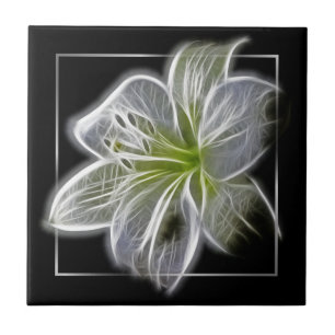 Stunning White Lily Fractal Art Black Ceramic Tile