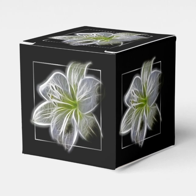 Stunning White Lily Fractal Art Black Favor Boxes (Front Side)