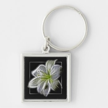Stunning White Lily Fractal Art Black Keychain by LouiseBDesigns at Zazzle