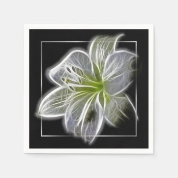 Stunning White Lily Fractal Art Black Napkins by LouiseBDesigns at Zazzle