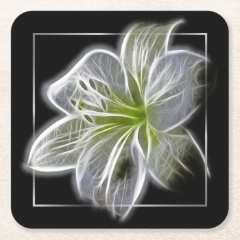 Stunning White Lily Fractal Art Black Square Paper Coaster by LouiseBDesigns at Zazzle