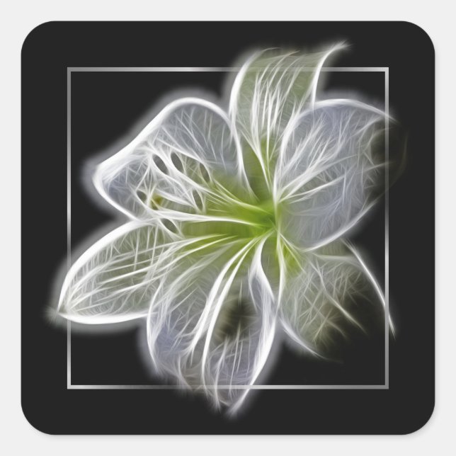 Stunning White Lily Fractal Art Black Square Sticker (Front)