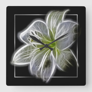 Stunning White Lily Fractal Art Black Square Wall Clock