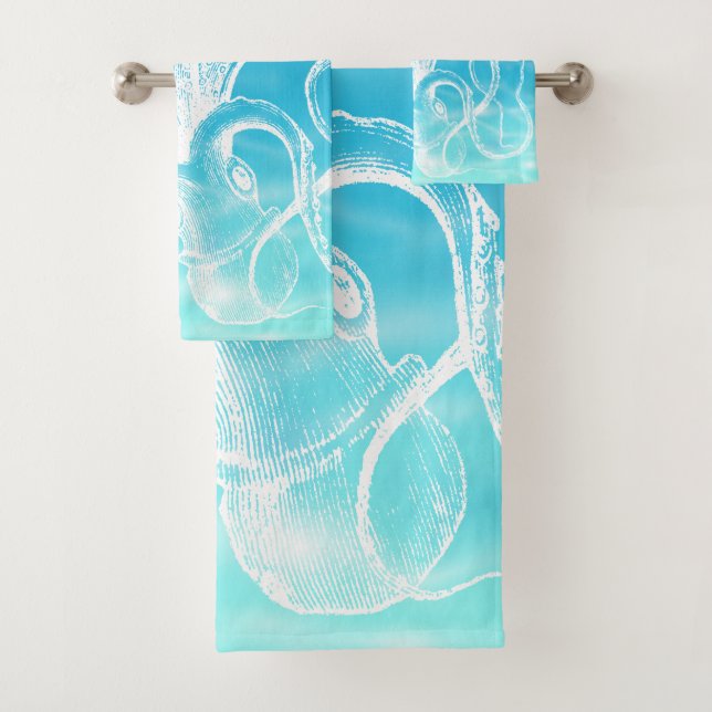 Stunning White Octopus Illustration Ocean Water Bath Towel Set (Insitu)