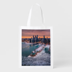 Stunning Winter Aerial View of Chicago Skyline Grocery Bag