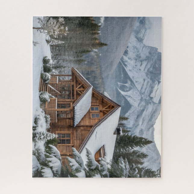 Stunning Winter Log Cabin in the Mountains Jigsaw Puzzle (Vertical)