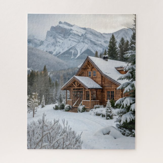 Stunning Winter Log Cabin in the Mountains Jigsaw Puzzle (Vertical)