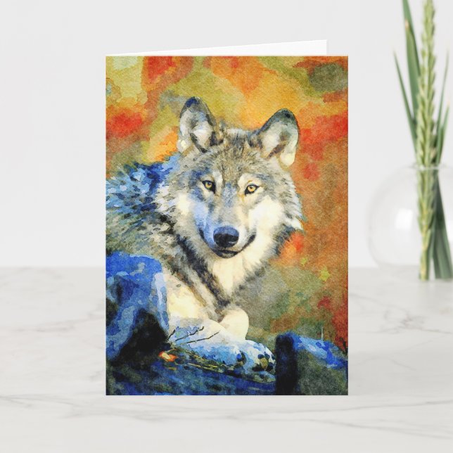 Stunning Wolf Wildlife Watercolor Wolves Painting Card (Front)