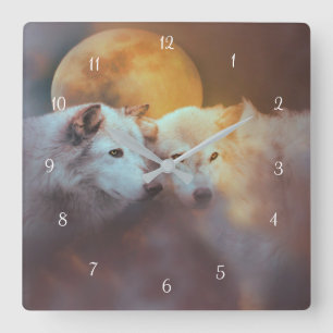 Stunning Wolves and Moon Wildlife Surreal Square Wall Clock