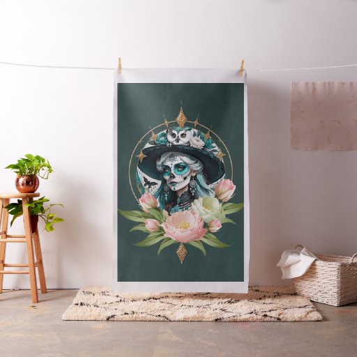 Stunning woman with a stunning sugar skull makeup fabric