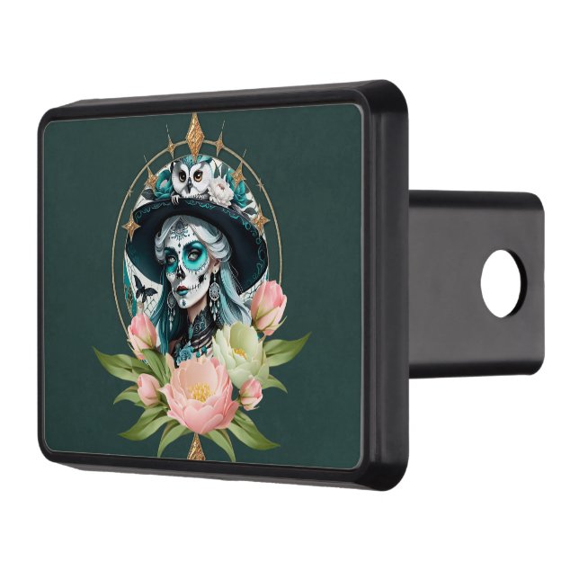 Stunning woman  with a stunning sugar skull makeup hitch cover (Left)