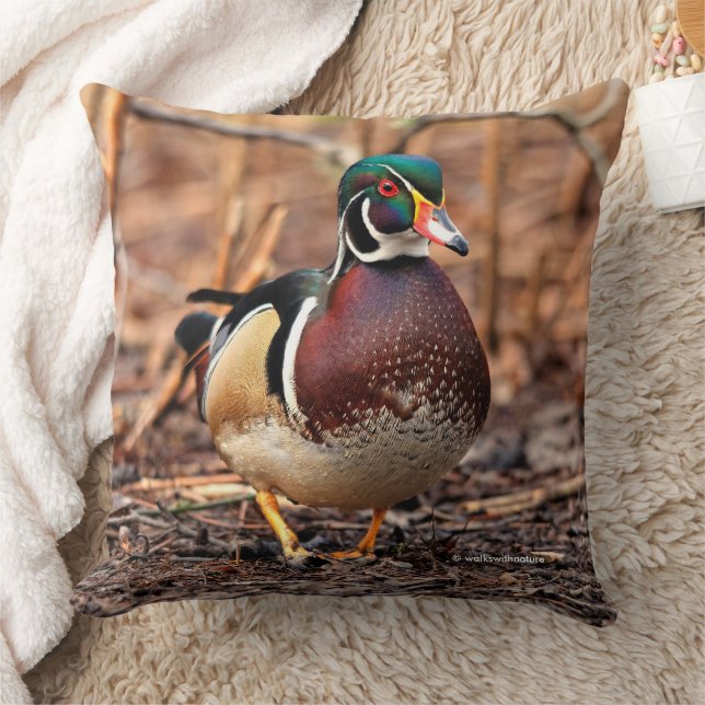 Stunning Wood Duck in the Woods Throw Pillow (Blanket)
