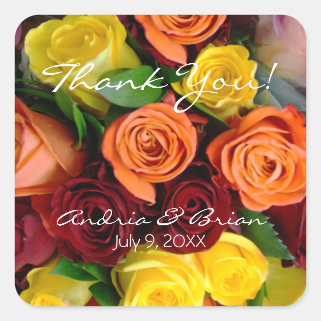 Stunning Yellow Orange & Red Roses Bouquet Square Sticker (Front)