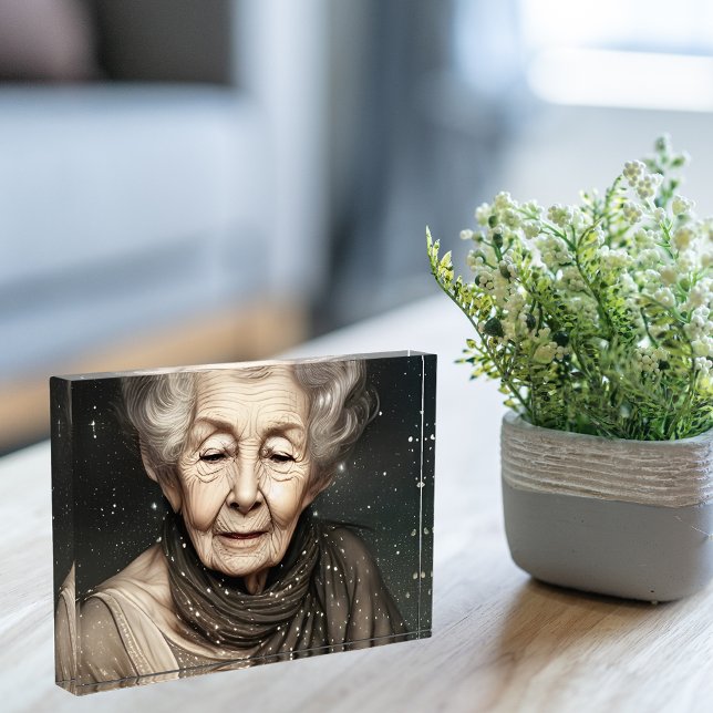 Stunningly Beautiful Old Woman Digital Art   Photo Block (What a sweet décor addition to table or bookshelf!)