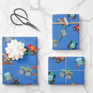 Stunt Cars Monster Truck Birthday Watercolor Blue Wrapping Paper Sheets