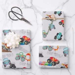 Stunt Cars Monster Truck Birthday Watercolor Gray Wrapping Paper Sheets