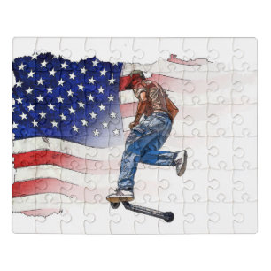 Stunt Scooter Rider and US Flag Jigsaw Puzzle