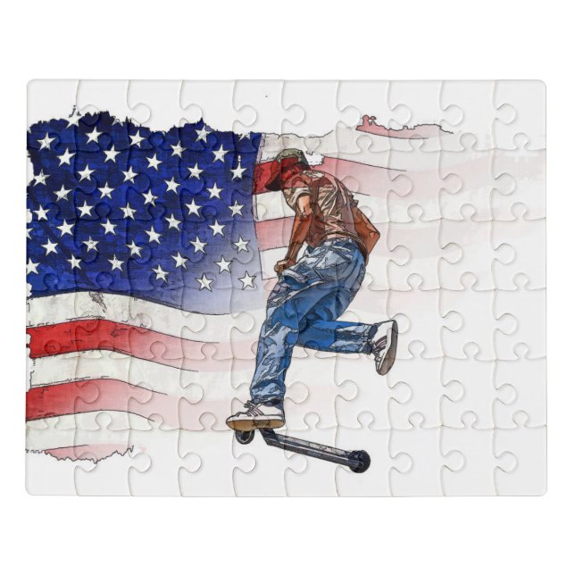 Stunt Scooter Rider and US Flag   Jigsaw Puzzle (Puzzle Horizontal)