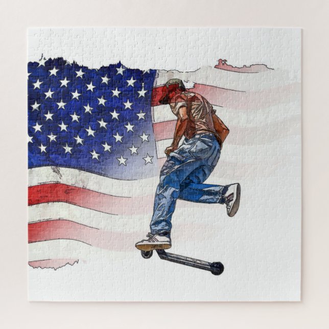 Stunt Scooter Rider and US Flag  Jigsaw Puzzle (Vertical)