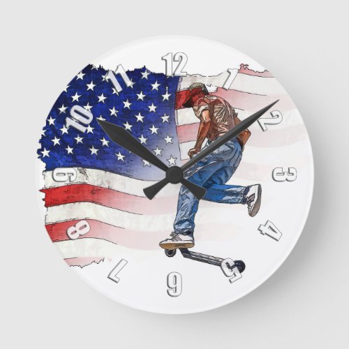 Stunt Scooter Rider and US Flag Round Clock