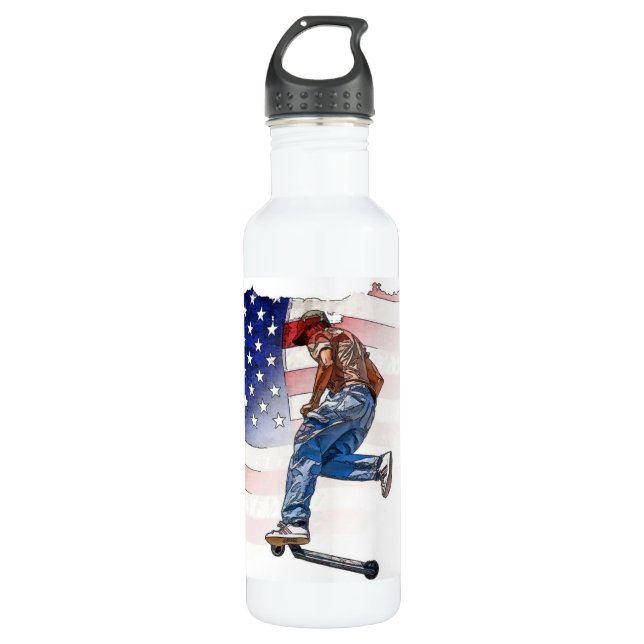  Stunt Scooter Rider and US Flag  Stainless Steel Water Bottle (Front)