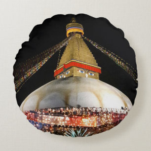 Stupa Boudhanath, Kathmandu at night - Nepal Round Pillow