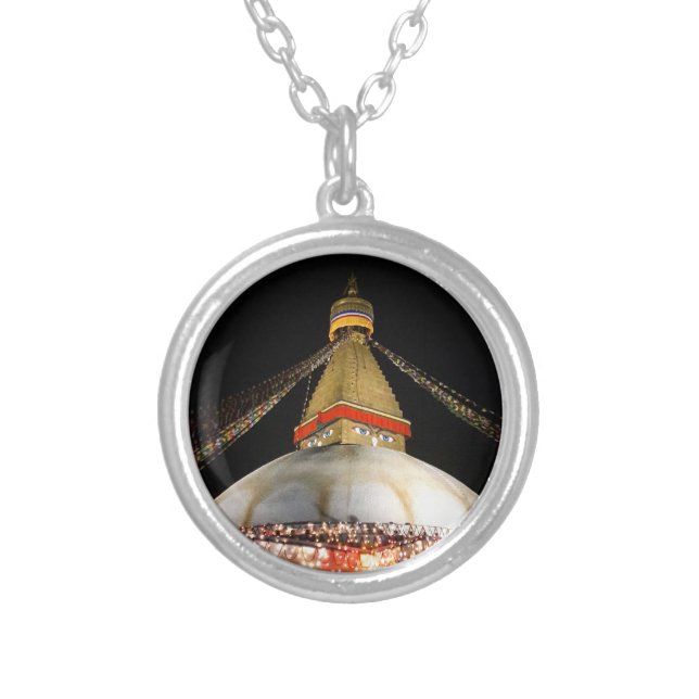 Stupa Boudhanath, Kathmandu at night - Nepal Silver Plated Necklace (Front)