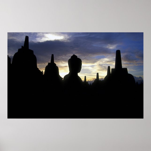 Stupas and Buddha Statue at Sunset, Borobudur Poster (Front)