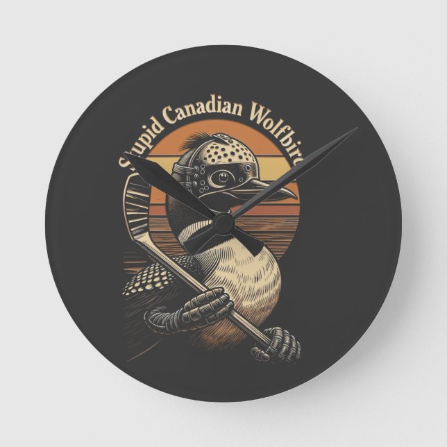 Stupid Canadian Wolf Bird Round Clock (Front)
