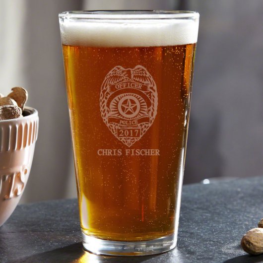 Sturdy Engraved Police Badge Beer Pint Glass (Front)