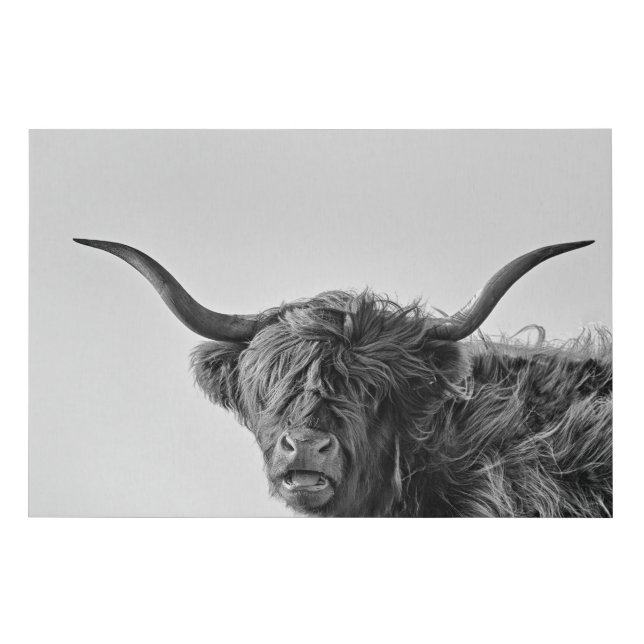 Sturdy highland cow in monochrome faux canvas print (Front)