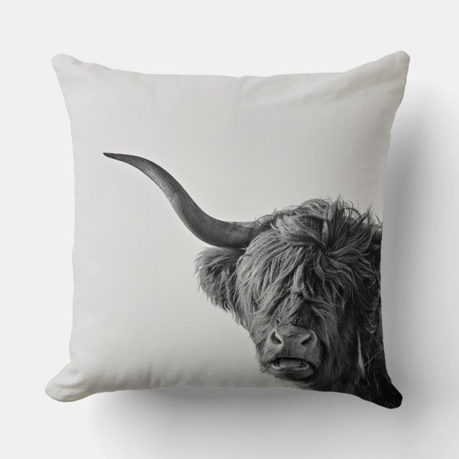 Sturdy highland cow in monochrome throw pillow (Front)
