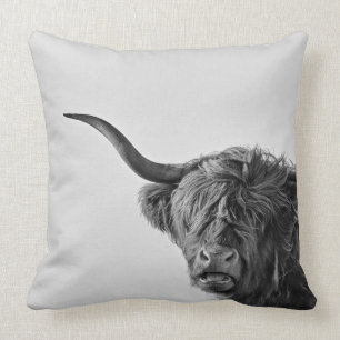 Sturdy highland cow in monochrome throw pillow