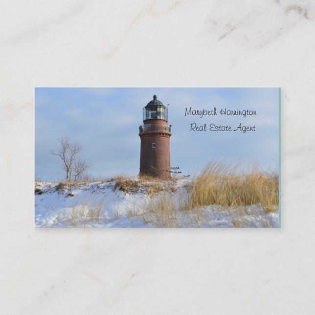 Sturdy Lighthouse on a Rocky Coast in Winter Business Card (Front)
